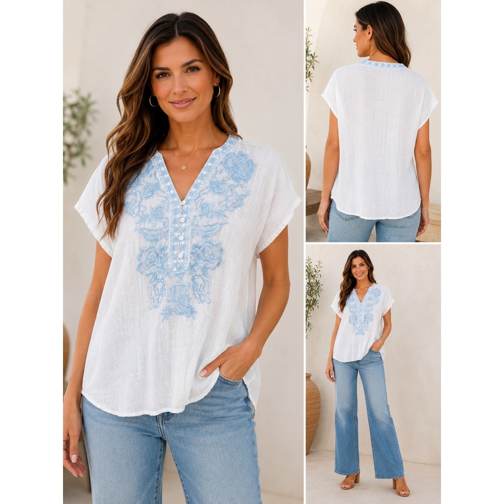 Johnny Was White Tunic with Light Blue Floral Embroidery